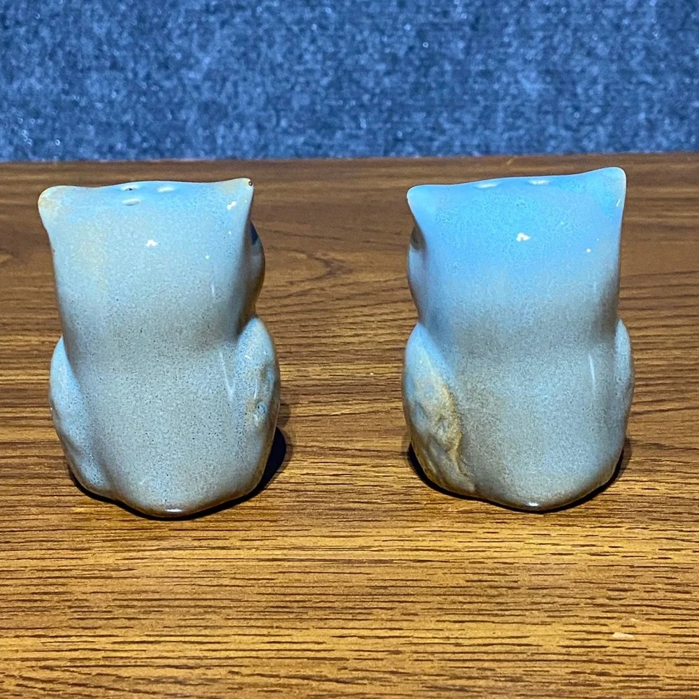 Vintage Ceramic Owl Cookie Jar Canister and Salt‎ Pepper Shaker Set Brown Blue